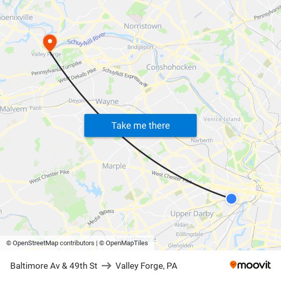 Baltimore Av & 49th St to Valley Forge, PA map