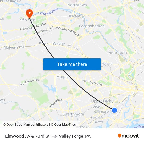 Elmwood Av & 73rd St to Valley Forge, PA map