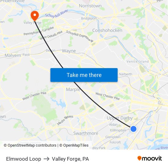 Elmwood Loop to Valley Forge, PA map