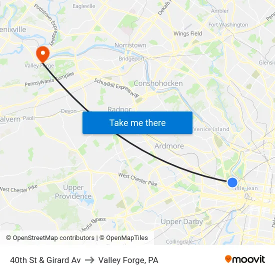 40th St & Girard Av to Valley Forge, PA map