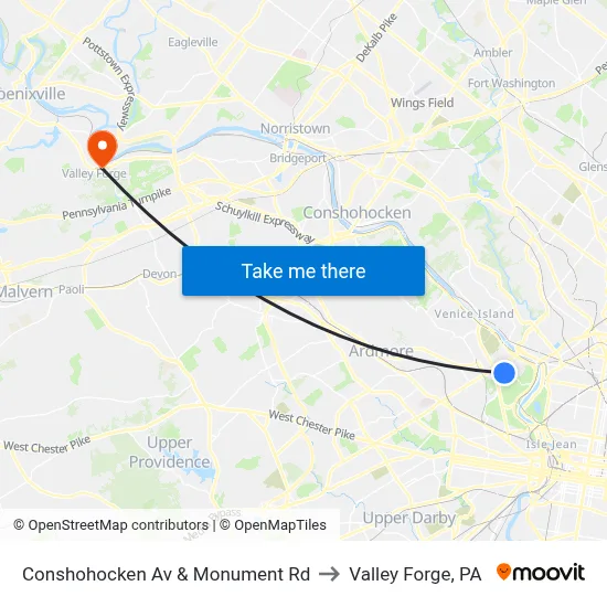 Conshohocken Av & Monument Rd to Valley Forge, PA map