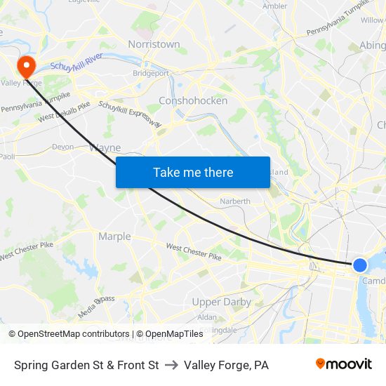 Spring Garden St & Front St to Valley Forge, PA map