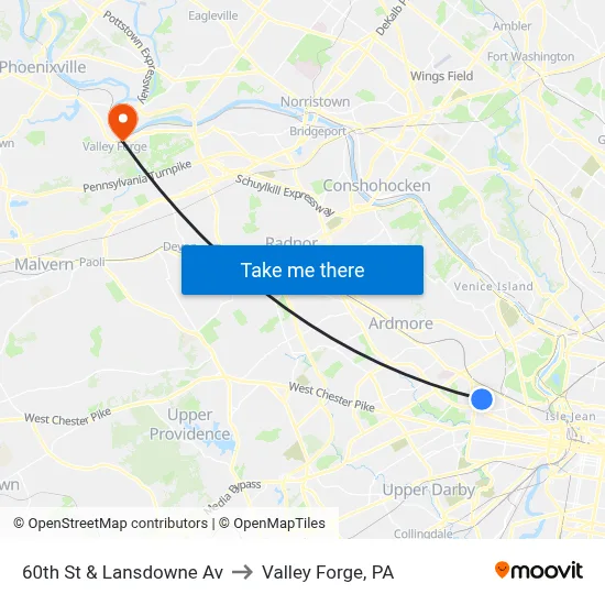 60th St & Lansdowne Av to Valley Forge, PA map