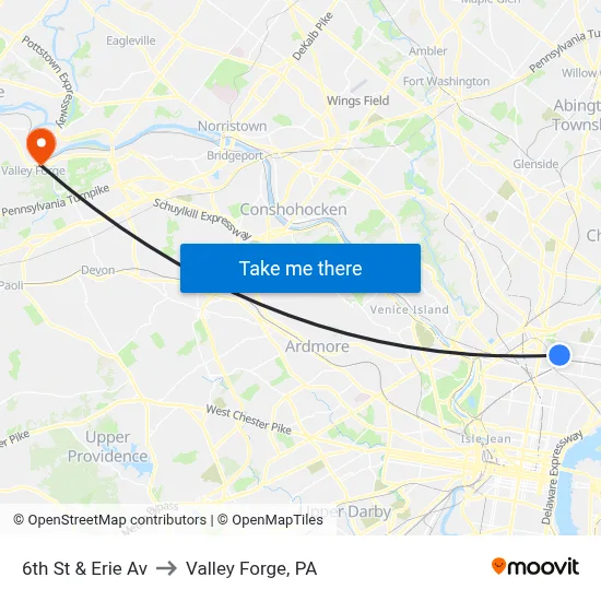 6th St & Erie Av to Valley Forge, PA map