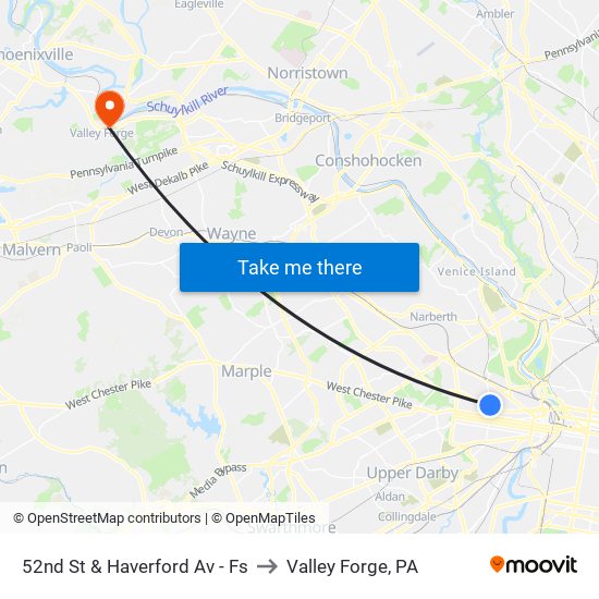 52nd St & Haverford Av - Fs to Valley Forge, PA map