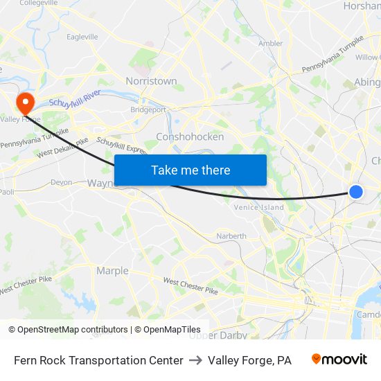 Fern Rock Transportation Center to Valley Forge, PA map
