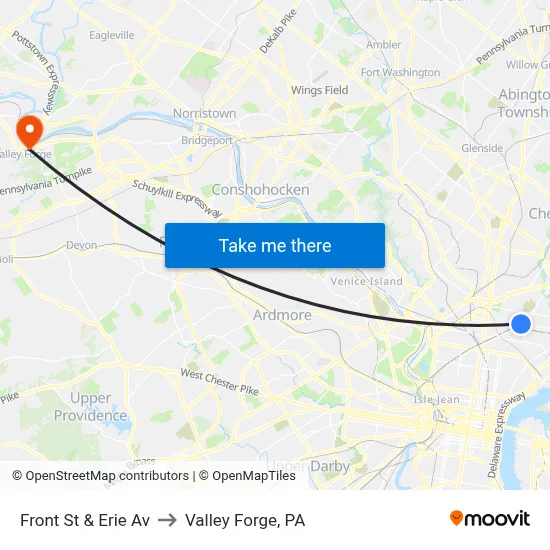 Front St & Erie Av to Valley Forge, PA map