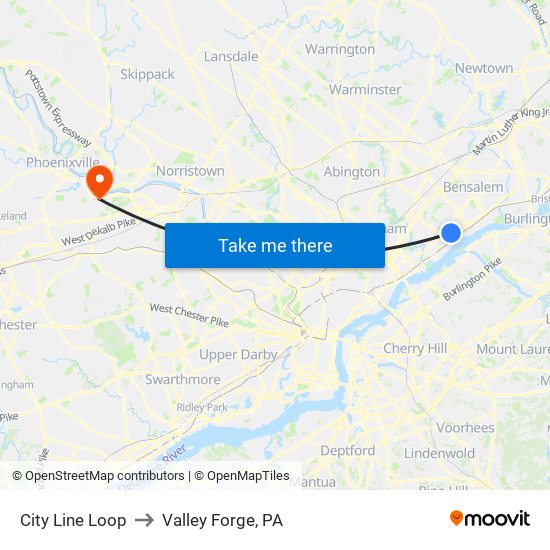 City Line Loop to Valley Forge, PA map
