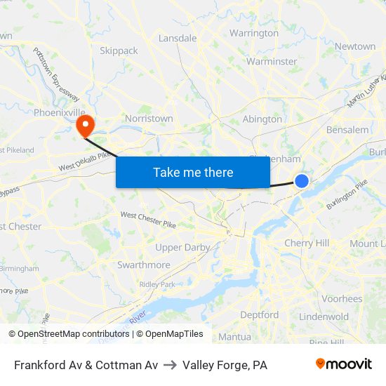 Frankford Av & Cottman Av to Valley Forge, PA map