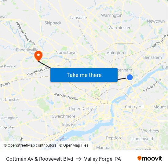 Cottman Av & Roosevelt Blvd to Valley Forge, PA map