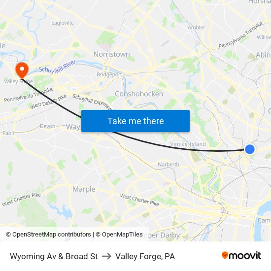 Wyoming Av & Broad St to Valley Forge, PA map