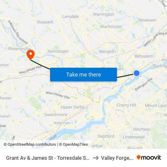 Grant Av & James St - Torresdale Station to Valley Forge, PA map