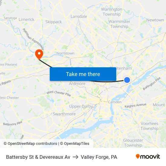 Battersby St & Devereaux Av to Valley Forge, PA map