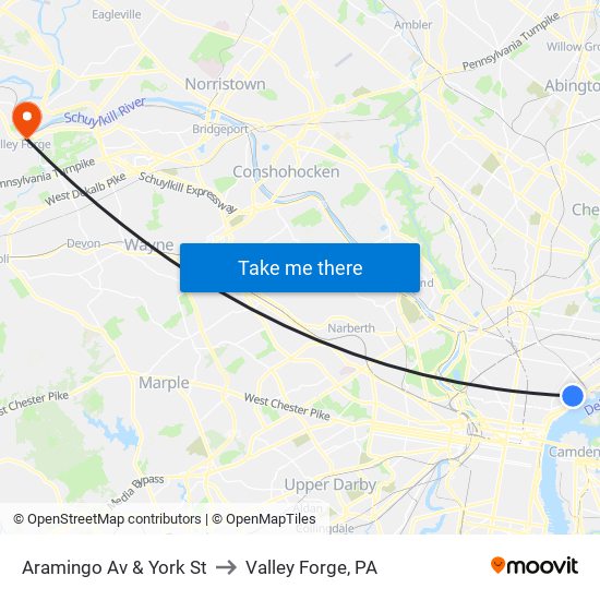 Aramingo Av & York St to Valley Forge, PA map