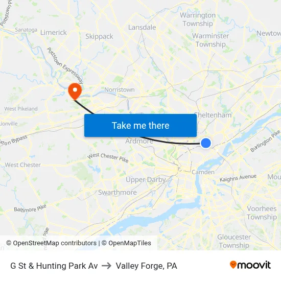 G St & Hunting Park Av to Valley Forge, PA map