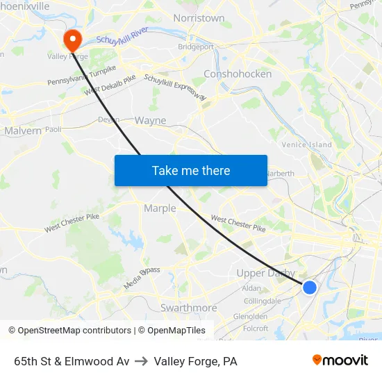 65th St & Elmwood Av to Valley Forge, PA map