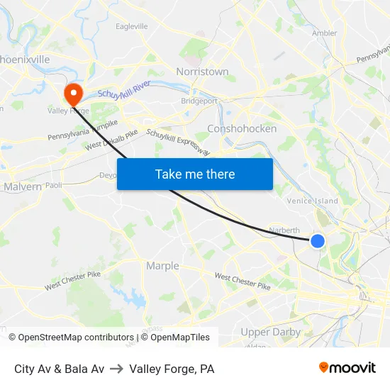 City Av & Bala Av to Valley Forge, PA map