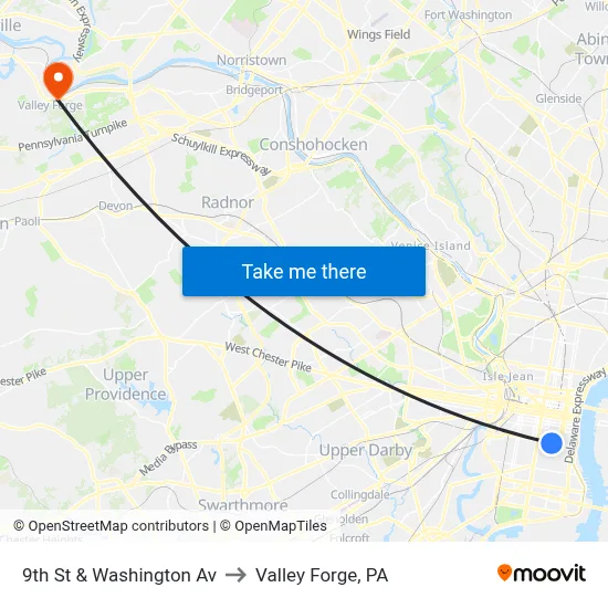 9th St & Washington Av to Valley Forge, PA map