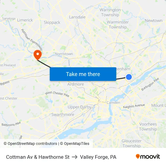 Cottman Av & Hawthorne St to Valley Forge, PA map
