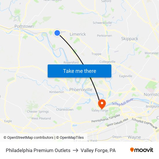 Philadelphia Premium Outlets to Valley Forge, PA map
