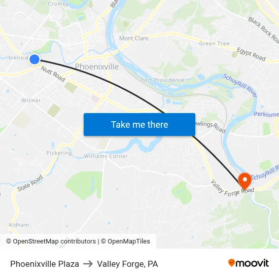 Phoenixville Plaza to Valley Forge, PA map