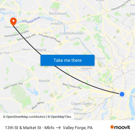 13th St & Market St - Mbfs to Valley Forge, PA map