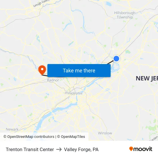 Trenton Transit Center to Valley Forge, PA map