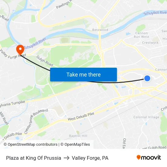 Plaza at King Of Prussia to Valley Forge, PA map
