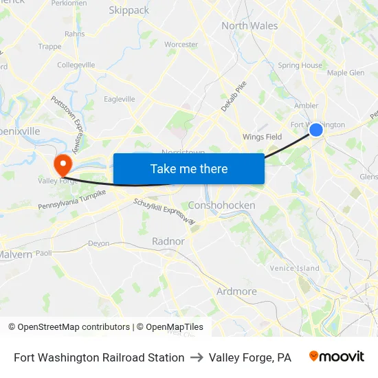 Fort Washington Railroad Station to Valley Forge, PA map