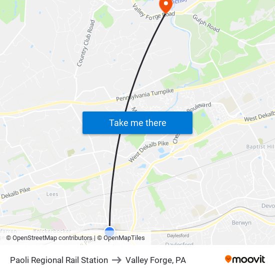 Paoli Regional Rail Station to Valley Forge, PA map