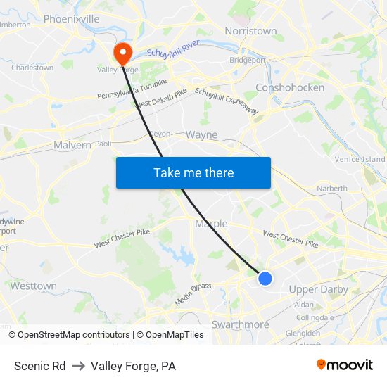 Scenic Rd to Valley Forge, PA map