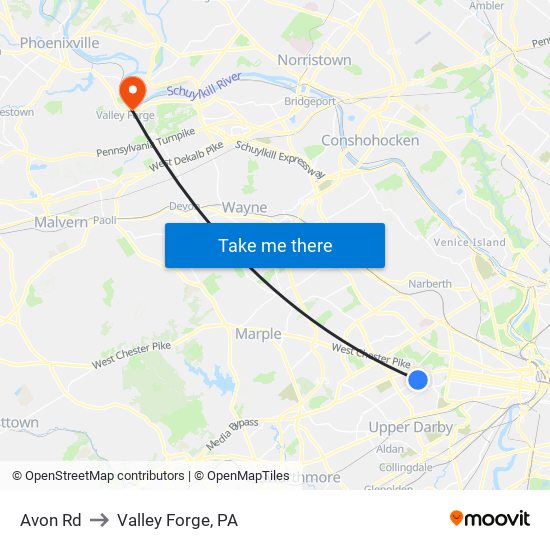 Avon Rd to Valley Forge, PA map