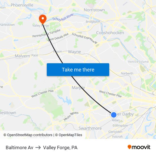 Baltimore Av to Valley Forge, PA map