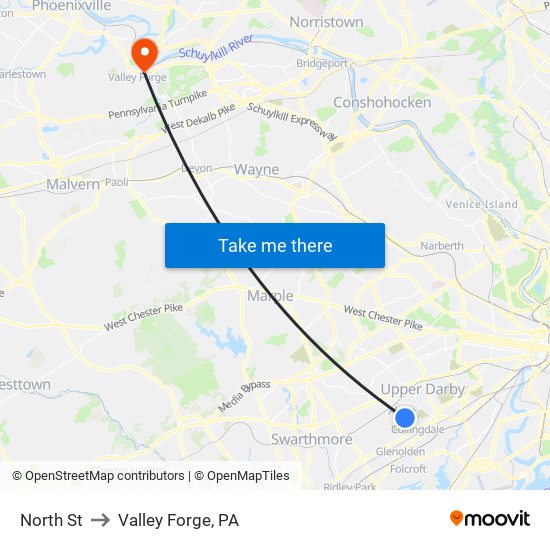 North St to Valley Forge, PA map