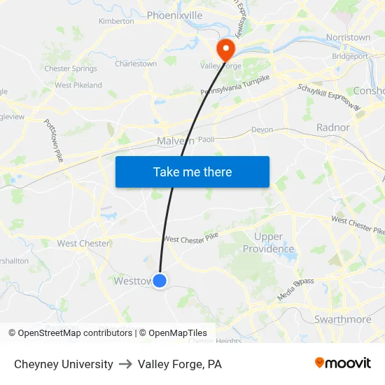 Cheyney University to Valley Forge, PA map