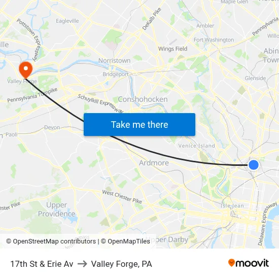 17th St & Erie Av to Valley Forge, PA map