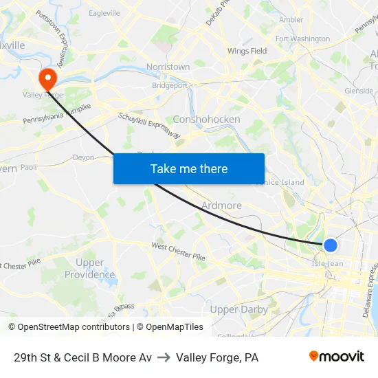 29th St & Cecil B Moore Av to Valley Forge, PA map
