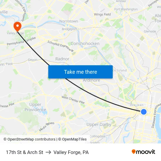 17th St & Arch St to Valley Forge, PA map