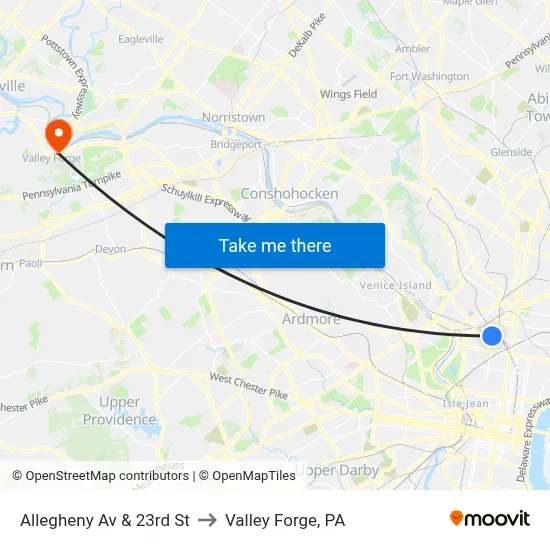 Allegheny Av & 23rd St to Valley Forge, PA map