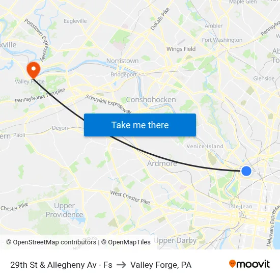 29th St & Allegheny Av - Fs to Valley Forge, PA map