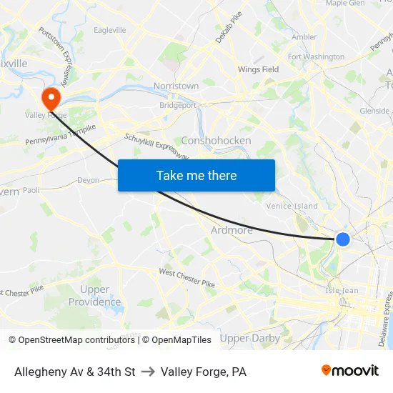 Allegheny Av & 34th St to Valley Forge, PA map