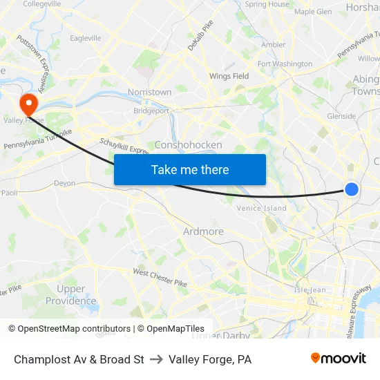 Champlost Av & Broad St to Valley Forge, PA map