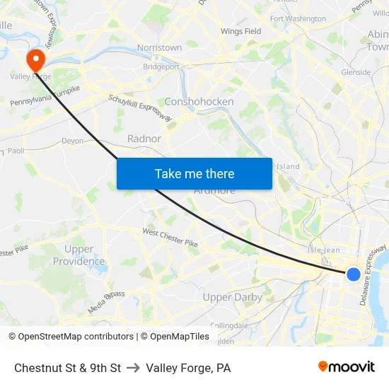 Chestnut St & 9th St to Valley Forge, PA map