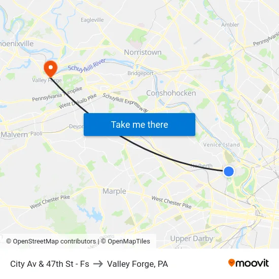 City Av & 47th St - Fs to Valley Forge, PA map