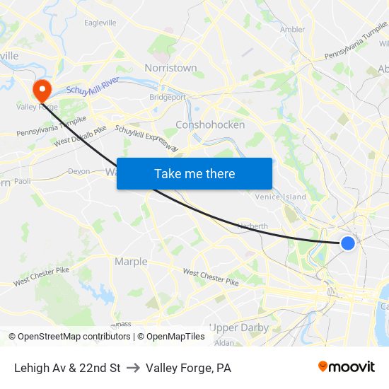 Lehigh Av & 22nd St to Valley Forge, PA map