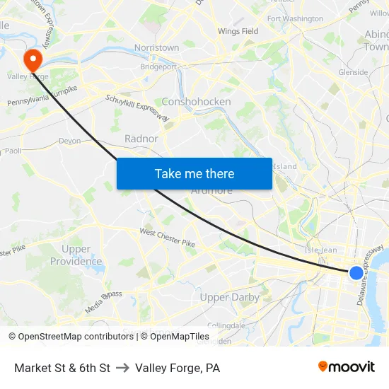 Market St & 6th St to Valley Forge, PA map