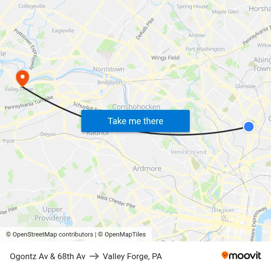 Ogontz Av & 68th Av to Valley Forge, PA map