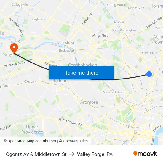 Ogontz Av & Middletown St to Valley Forge, PA map
