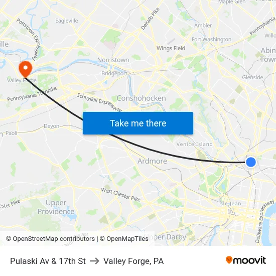 Pulaski Av & 17th St to Valley Forge, PA map