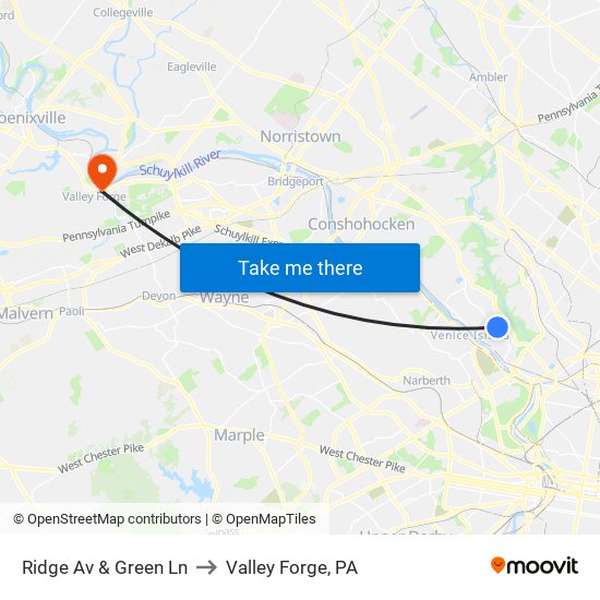 Ridge Av & Green Ln to Valley Forge, PA map